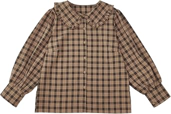 Women Plaid Blouse Teens Puff Long Sleeve Vintage Cute Peter Pan Collar Ruffle Button Down Shirt Top