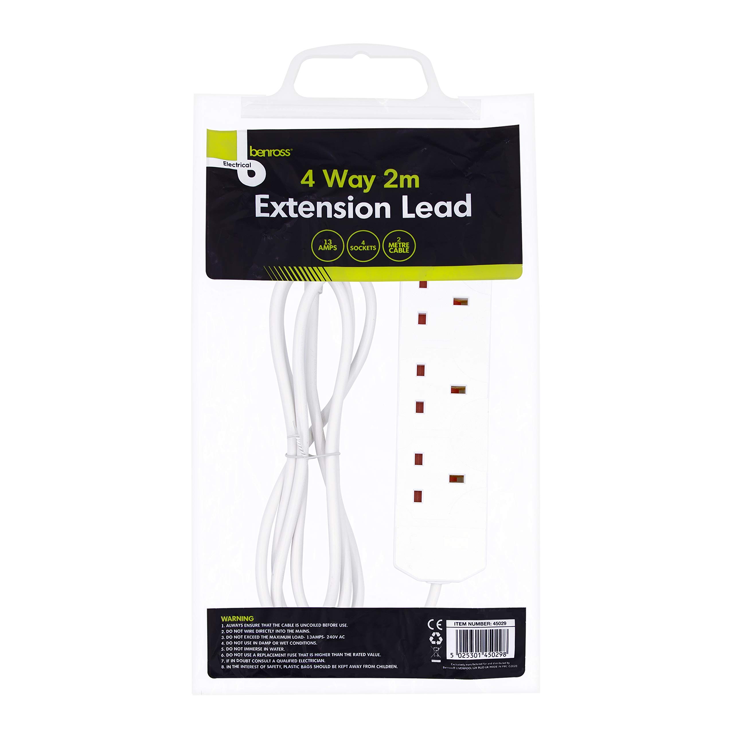 Benross 45029 4-Way Extension Lead / 2 Metres Long / 13A / Suitable For Home or Office Use