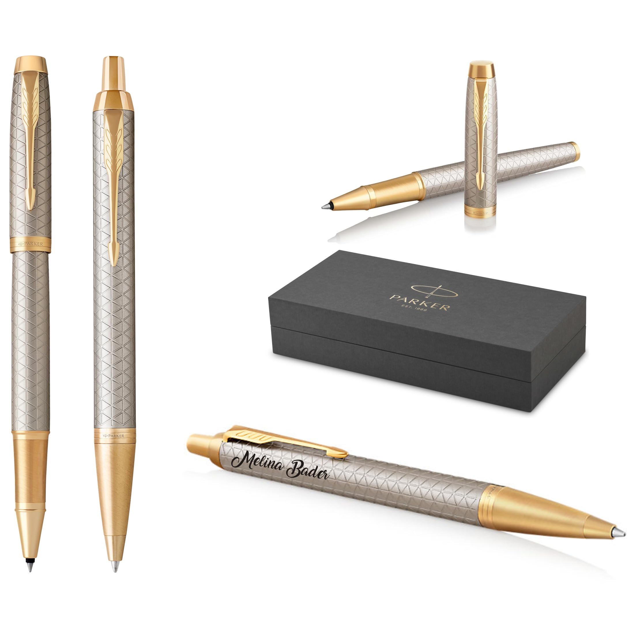 PARKER IM Premium Rollerball Pen and Ballpoint Pen with Engraving, Premium Pen, Gift Box, Personalised Gift, Anniversary, Birthday (Warm Silver G.C.)