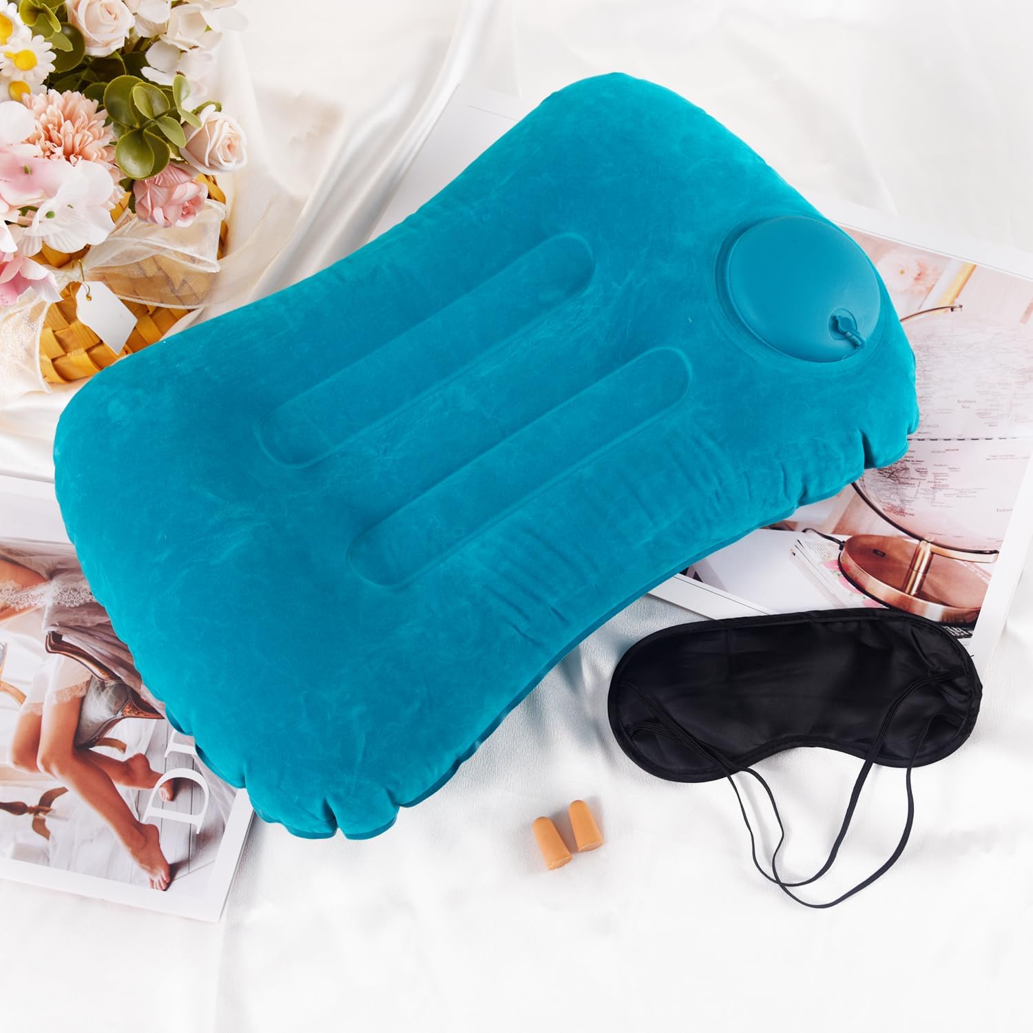 Cojín inflable de camping, almohada de viaje inflable para el cuello, almohada de playa ultraligera con bolsillos de almacenamiento, máscaras para dormir y tapones para los oídos, cojines inflables