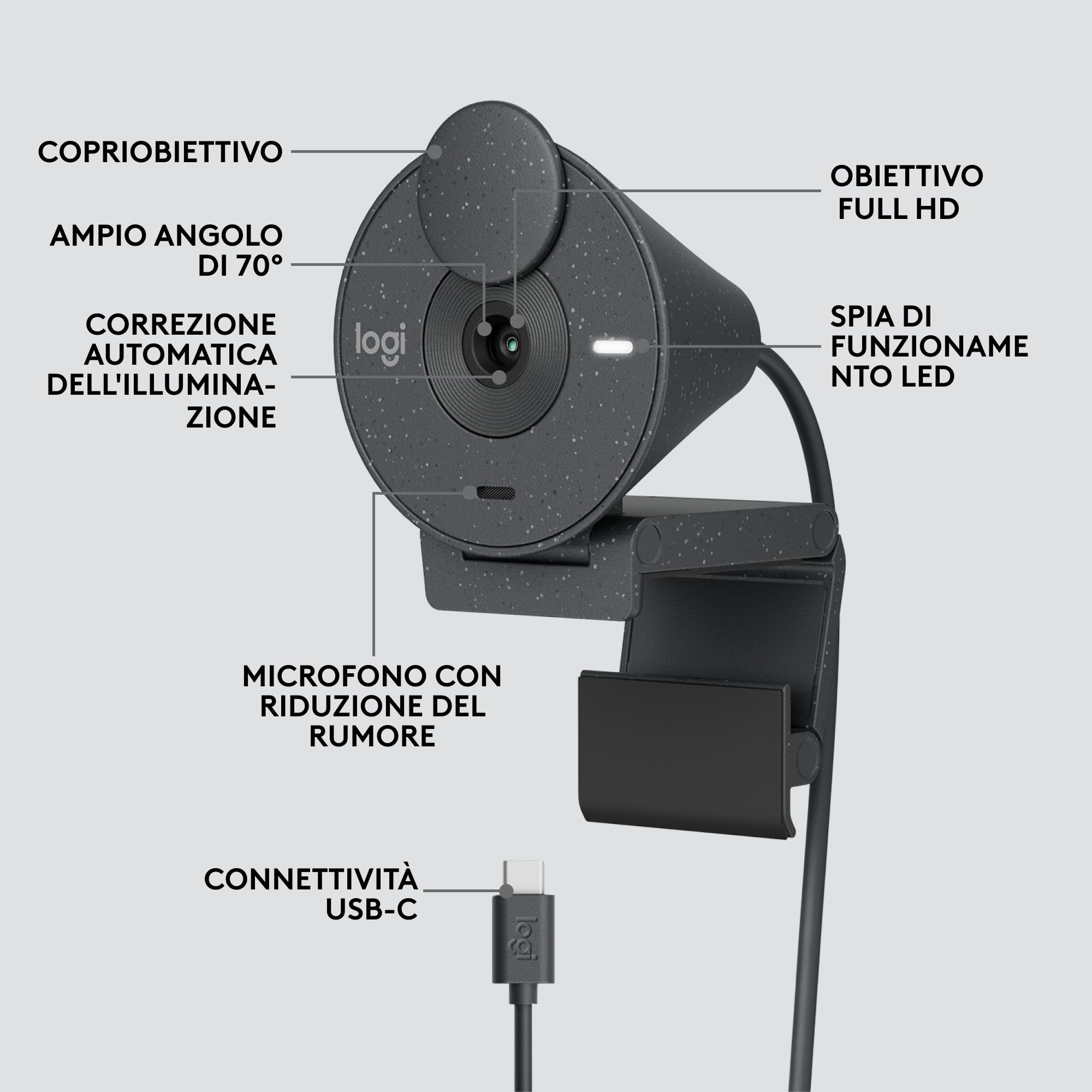 Logitech Brio 305 Webcam Full HD 1080P, copriobiettivo per proteggere la Privacy, Microfoni Mono, Riduzione del Rumore, USB-C, Correzione della Luce, Zoom, Microsoft Teams, Google Meet - Grafite