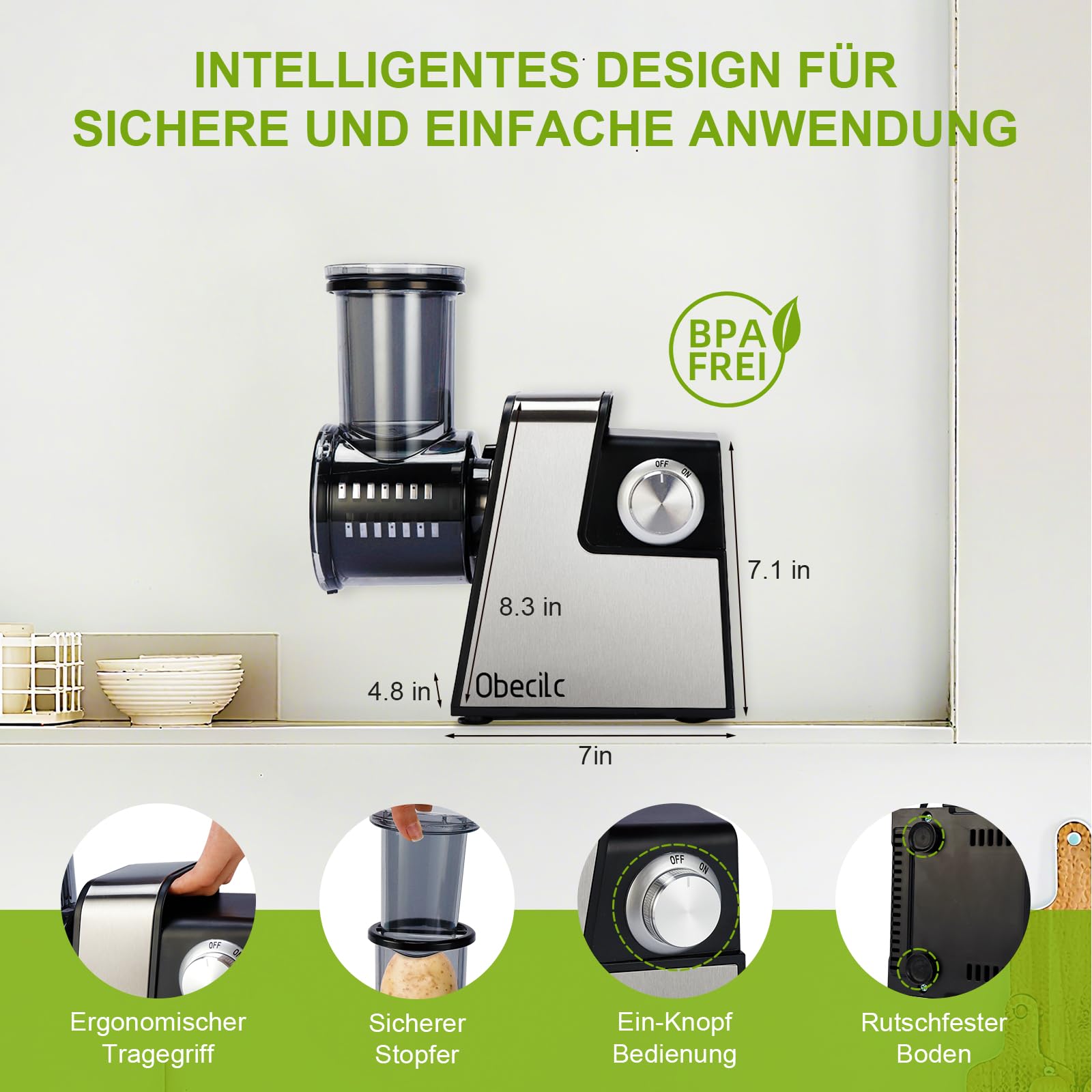 Rallador de queso eléctrico mejorado con 300 W de potencia y 7 cuchillas de acero inoxidable, procesador de alimentos de un botón para cortar, rallar y moler queso, verduras, frutas y frutos secos – f