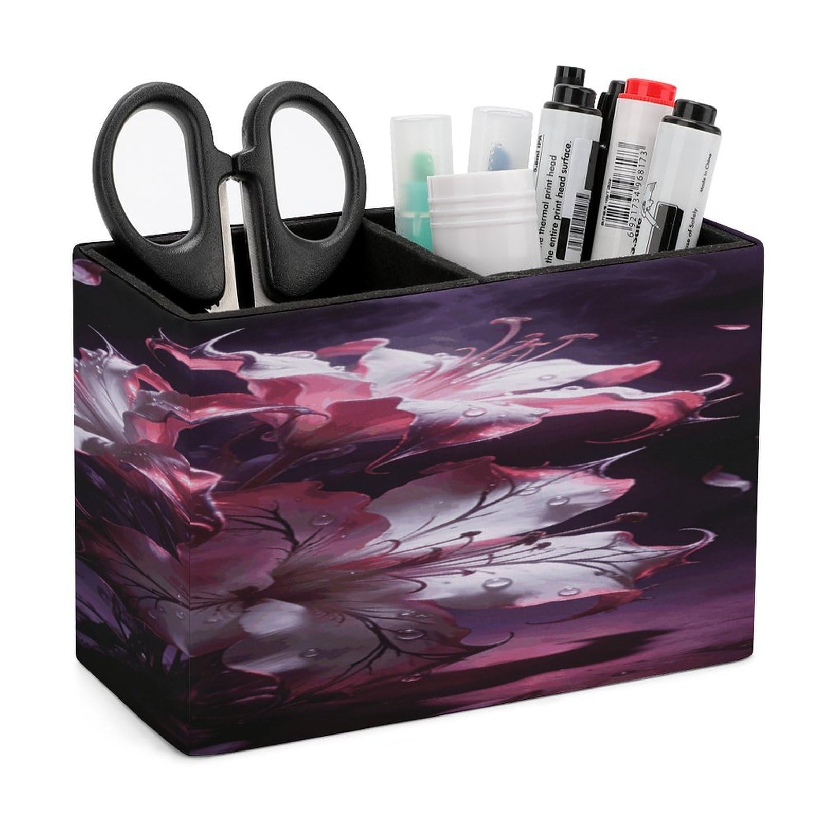 LZQPOEAS Dark Fantasy Contrast Floral Pen Holder Double Compartments Pen Cup Makeup Brush Holders Leather Pencil Holder Locker Organizer for Work Locker Accessories Modern Pencil Cup for Desk