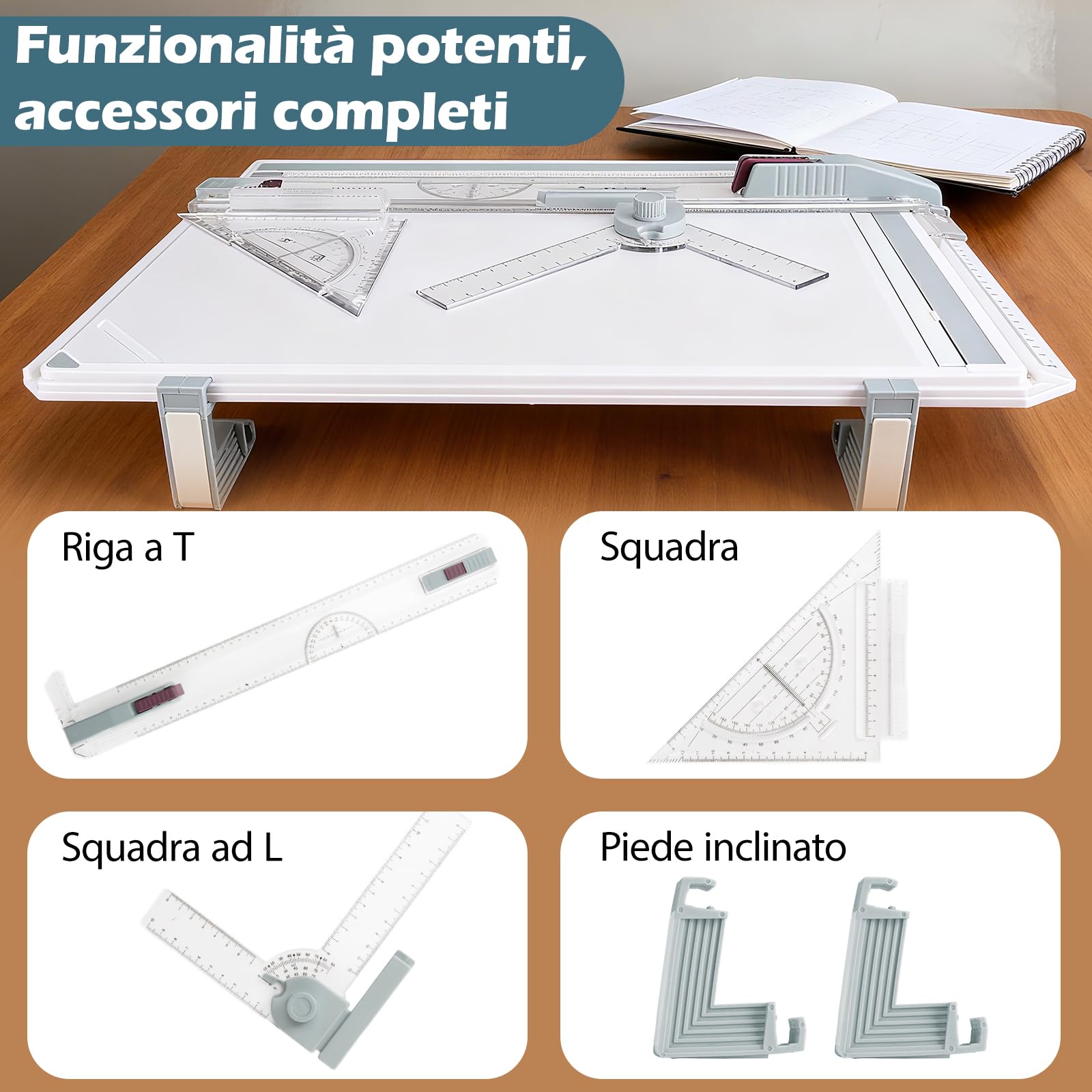 Tavola da disegno A3, Tavola da disegno professionale DIN A3, Tavolo da disegno con righello scorrevole, squadra da disegno e righello squadra a T, per ingegneri, designer, studenti per lavoro preciso