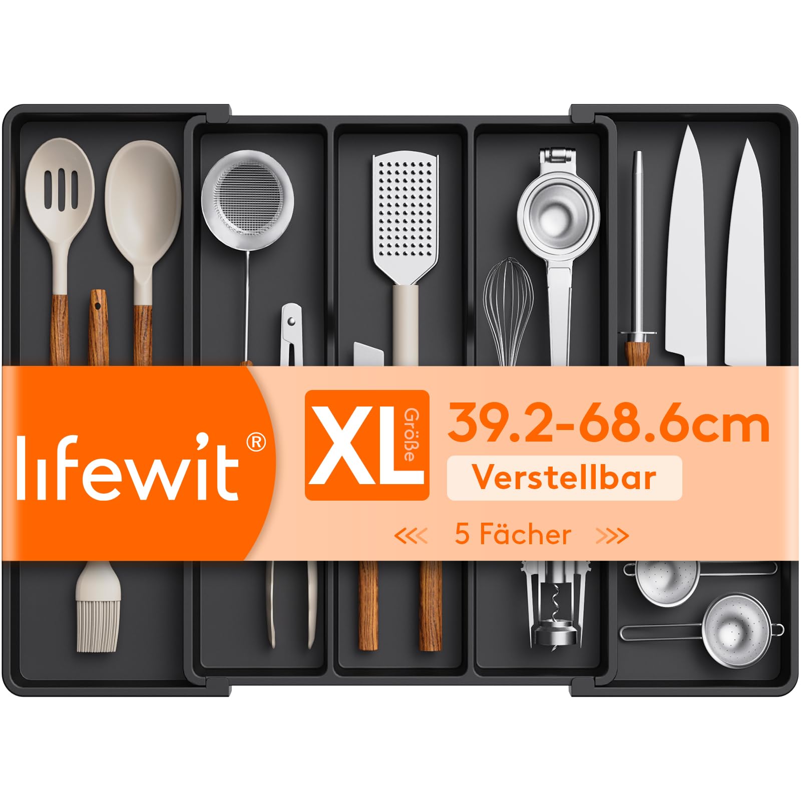 Lifewit Besteckkasten für Schubladen, Großer Utensilienständer Erweiterbar auf 69 cm, verstellbarer Kunststoff Organizer Küche Tiefe 47 cm, Besteckeinsatz für Messer/Gabel, Schwarz