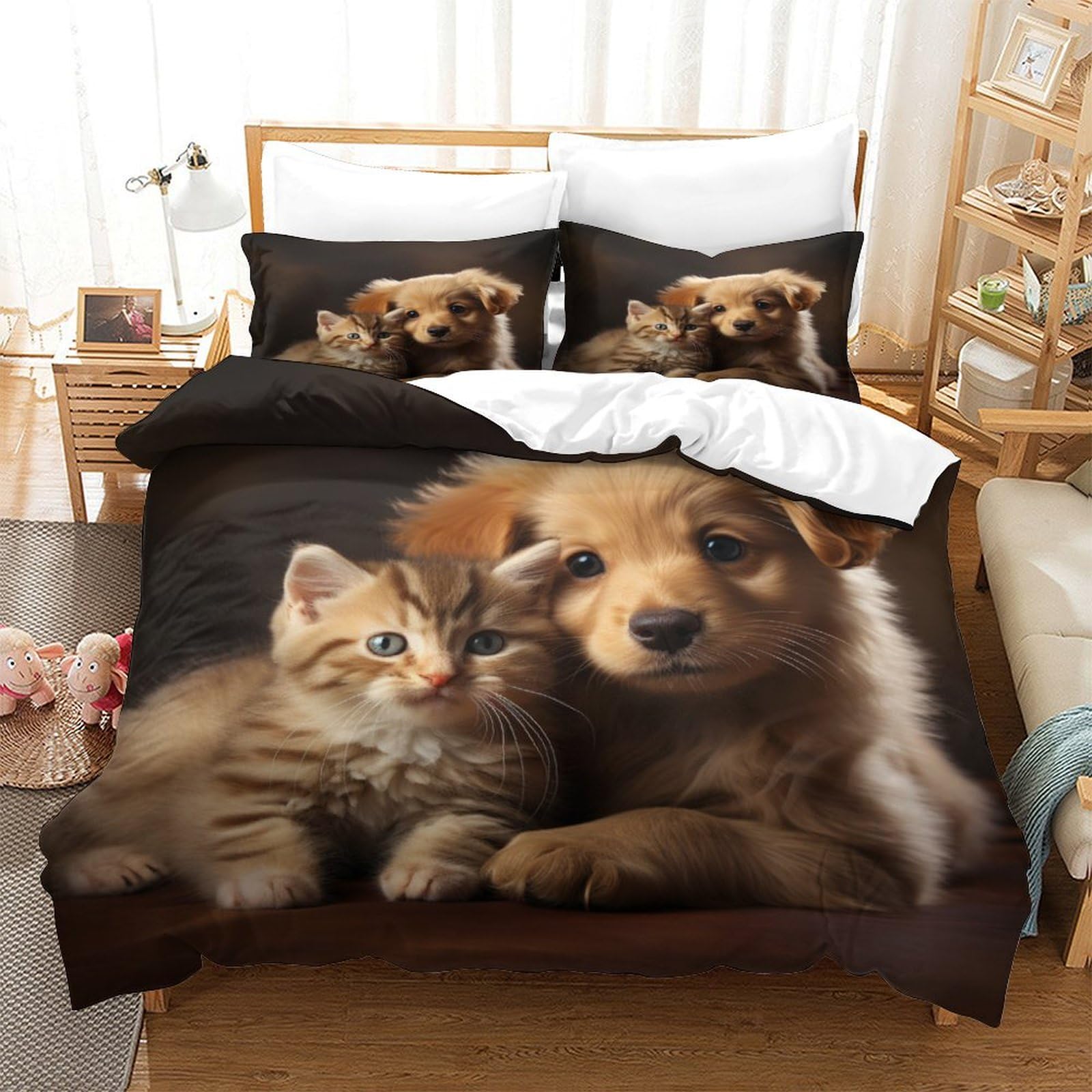 P1S9U7W5Y Cute Animal 3D Printed Puppy and Kitten Duvet Cover Set 3 Pieces Microfiber Bedroom Decor Pet Bedding Set for Adults Skin Friendly King（220x240cm）