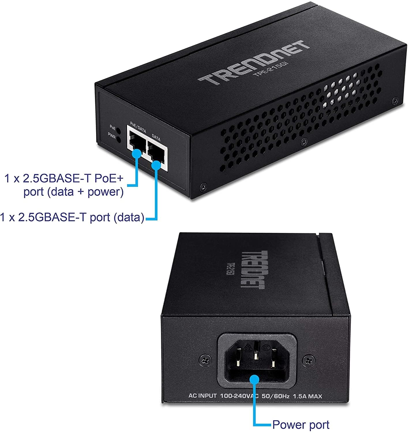 TRENDnet Wtryskiwacz 2,5 G TPE-215GI konwertuje port inny niż PoE na PoE+ zgodny z 2,5 GBASE-T, zintegrowany zasilacz, sieć i urządzenie do 100 m
