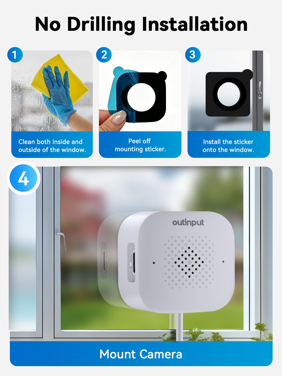 Outinput Kamera Do Okna 3MP 2K – Kamera WiFi 2.4GHz do Monitoringu Domu przez Okno, z Kolorowym Trybem Nocnym AI, Wykrywaniem Ruchu i Osób, Antyodblask, Antyrefleks, Nagrywanie 24/7