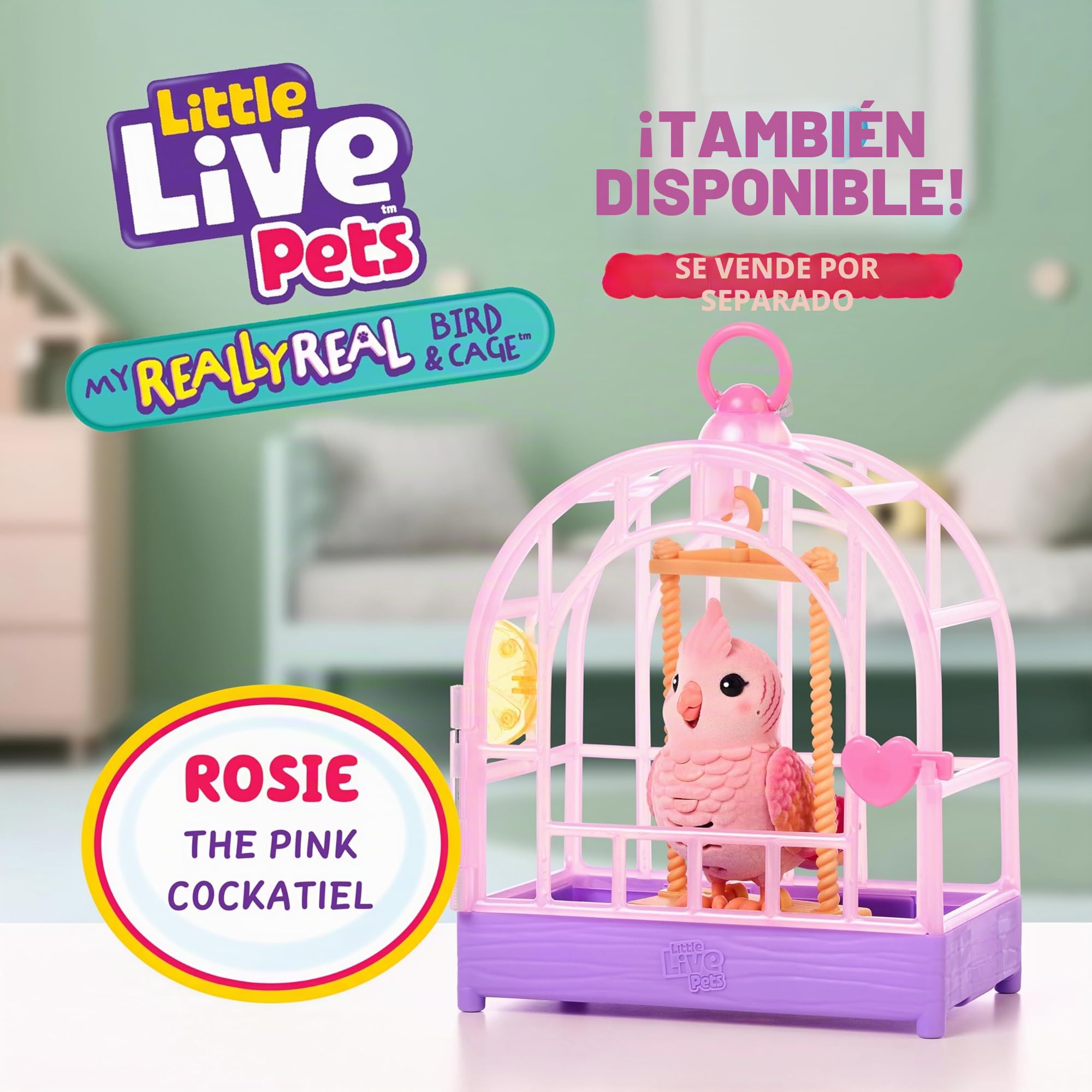 My Really Real Bird & Cage de Little Live Pets - Indie, Pájaro interactivo, realista, Más de 20 sonidos y reacciones, Jaula: 25 cm, pájaro: 10,9 cm, Graba y repite o responde silbando, Jaula portátil