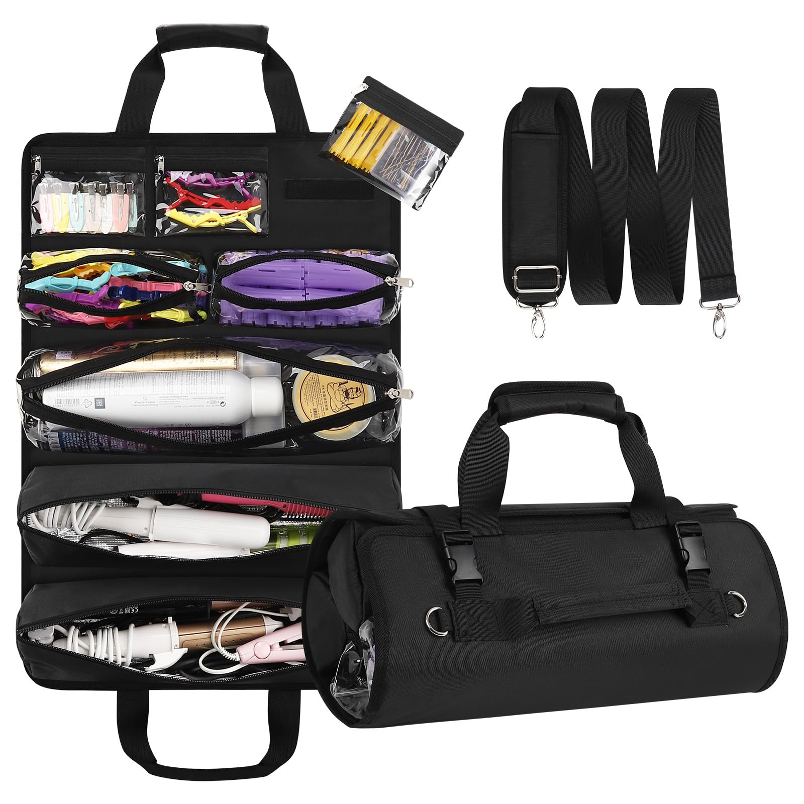 Hair Tools Travel Bag, Roll Up Tool Bag Organizer for Hair Stuff, Hairstylist Traveling Bag with 8 Detachable Zipper Pouch, Professional Cosmetology