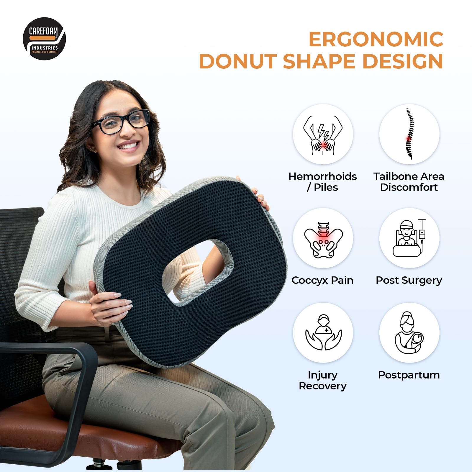 CareFoam Memory Foam Donut Pillow for Tailbone Pain-Coccyx Seat Cushion for Chair-Hemorrhoid & Piles Pillow | Orthopedic Coccyx Ring Pillow | 18 x 14 x 3 Inch | Premium Mesh Washable Outer Cover - Image 4 thumbnail