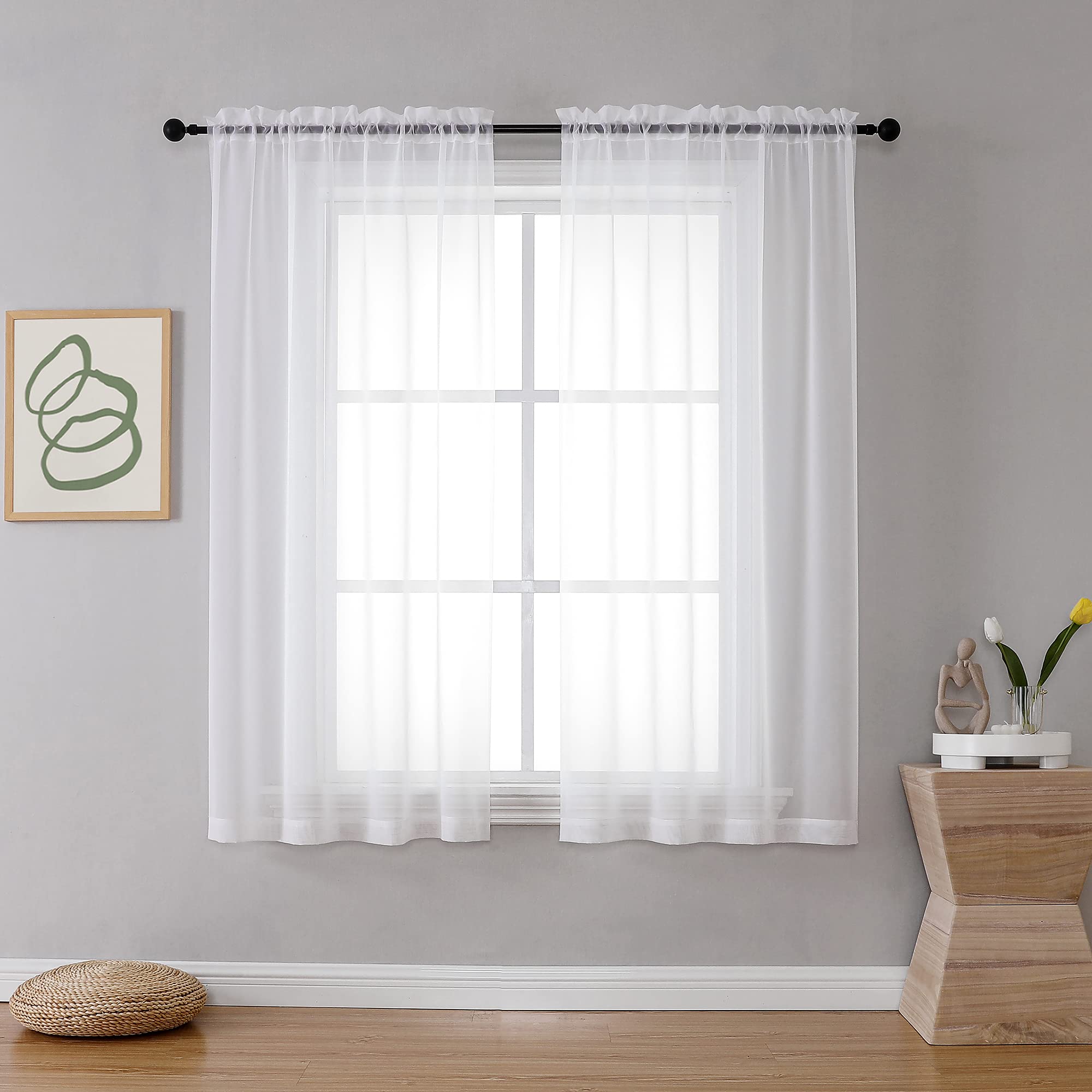OVZME Ivory Sheer Curtains 63 Inches Long for Bedroom, Rod Pocket Light Weight Soft Voile Drapes Curtains for Basement Bathroom Bedroom Living Room, Each is 42W x 63L