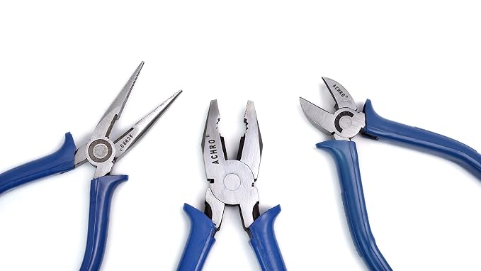 ACHRO Complete Plier Set, 8 Inch Combination Plier, 6 Inch Long Nose, 6 Inch Diagonal Cutting plier/Set of 3 Pieces/Cutting Player | Cutting plier | Combination Plier Tools (Blue)