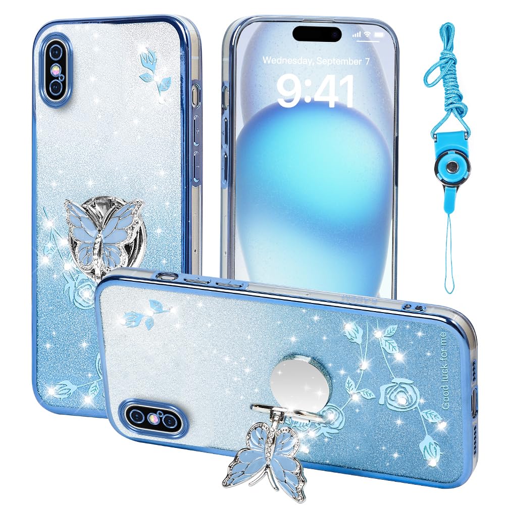 for Apple iPhone Xs Max (6.5 inch) Phone Case,for Mobile Phone Case for Women and Girl, Glitter Butterfly Floral TPU Protective Cover with Kickstand+Strap for iPhone Xs Max (Blue)