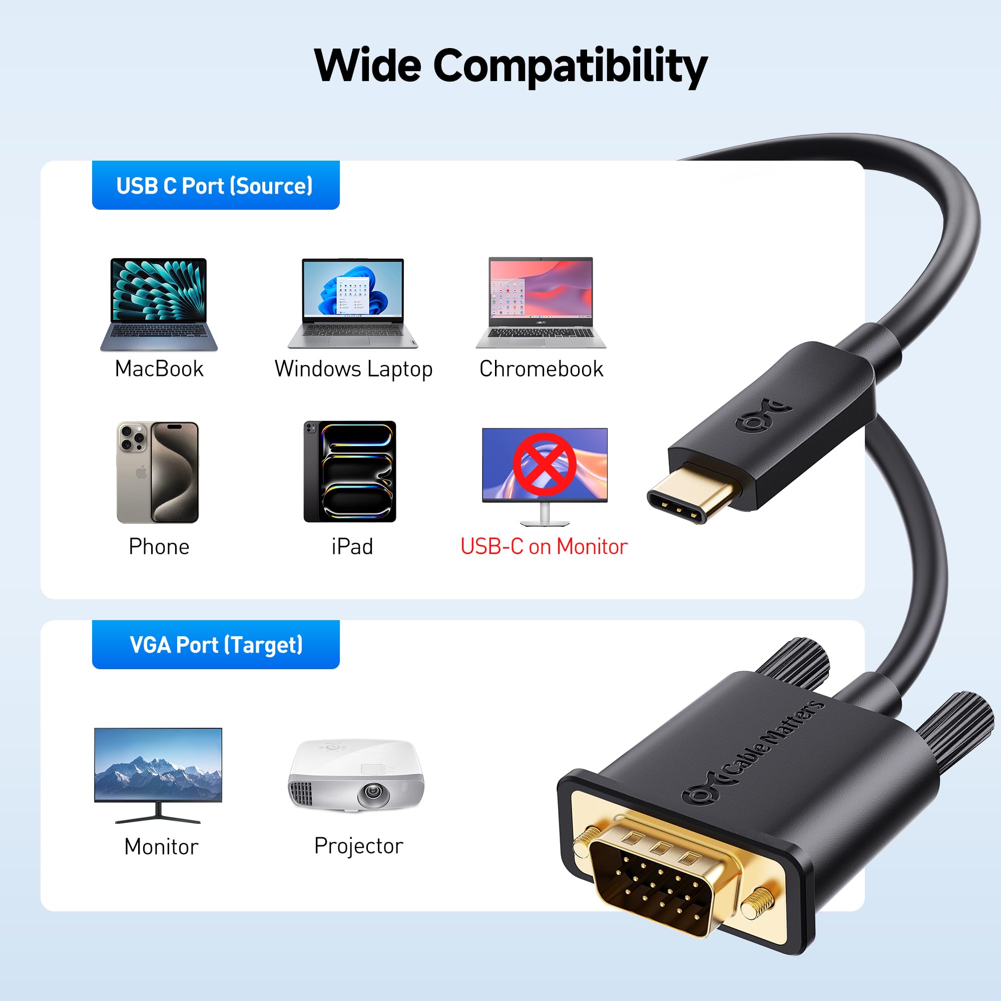 Cable USB C a VGA (cable USB-C a VGA) de 6 pies - Thunderbolt 4 / USB4 / Thunderbolt 3 Puerto compatible con MacBook Pro, Dell XPS 13, 15, HP Spectre x360, Surface Pro, Yoga 910 y más 5
