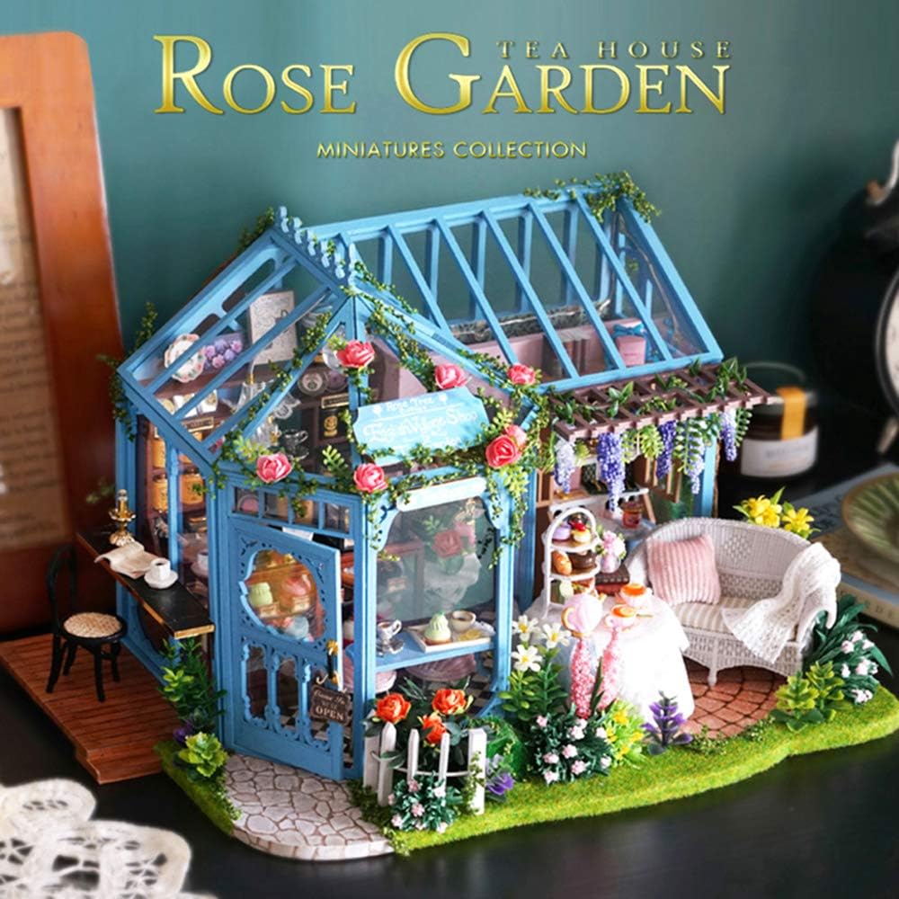 Spilay Diy Miniature House Kit, Wooden Doll House with Furniture & Music Box and LED, Handmade Crafts Gifts for Birthday Christmas and Valentine's Day (Rose Garden Tea House - A068)