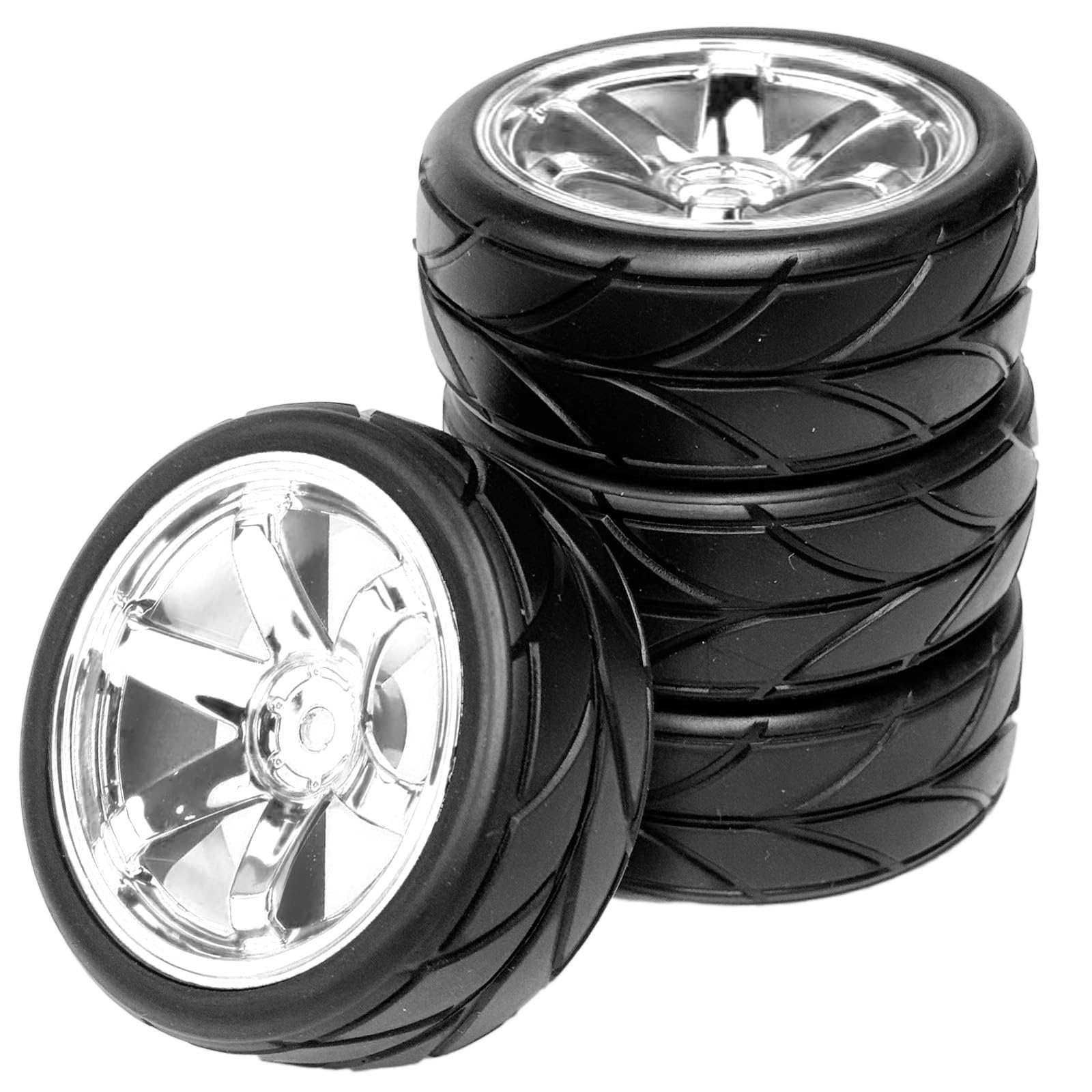 KINGCOO 4pcs RC Pneumatici per Auto su Strada,64mm Pneumatici in Gomma Cerchi esagonali da 12mm per 1/10 RC su Strada Run-Flating Touring Racing Car per HSP HPI Kyosho Tamiya (6Raggi-Argento