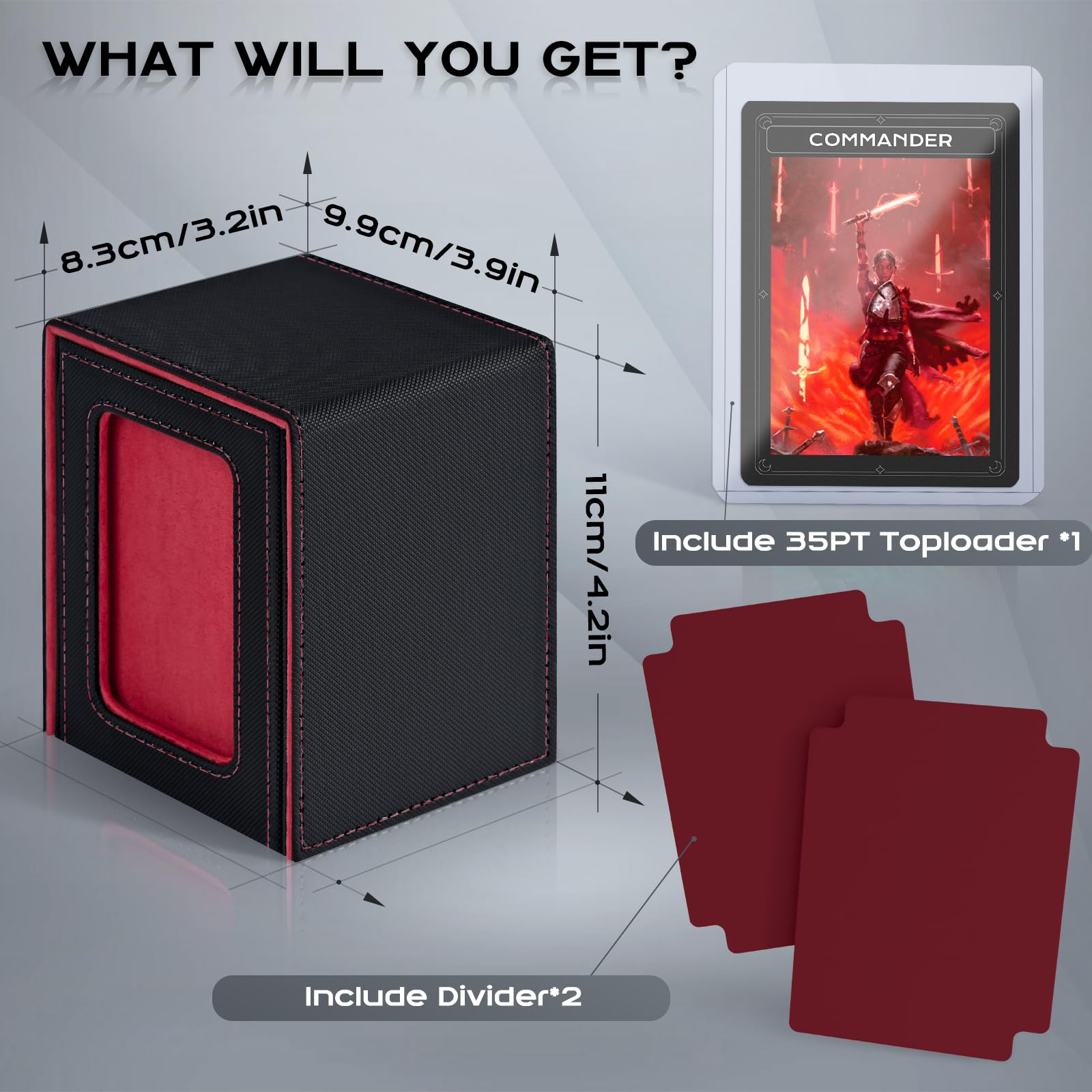 ZLCA MTG Deck Box with Magic Commander Window Display Trading Deck Case Hold 100 Double Sleeved Cards Baseball Card Storage Box is Suitable for CCG/EDH(Black&Red) - Image 2