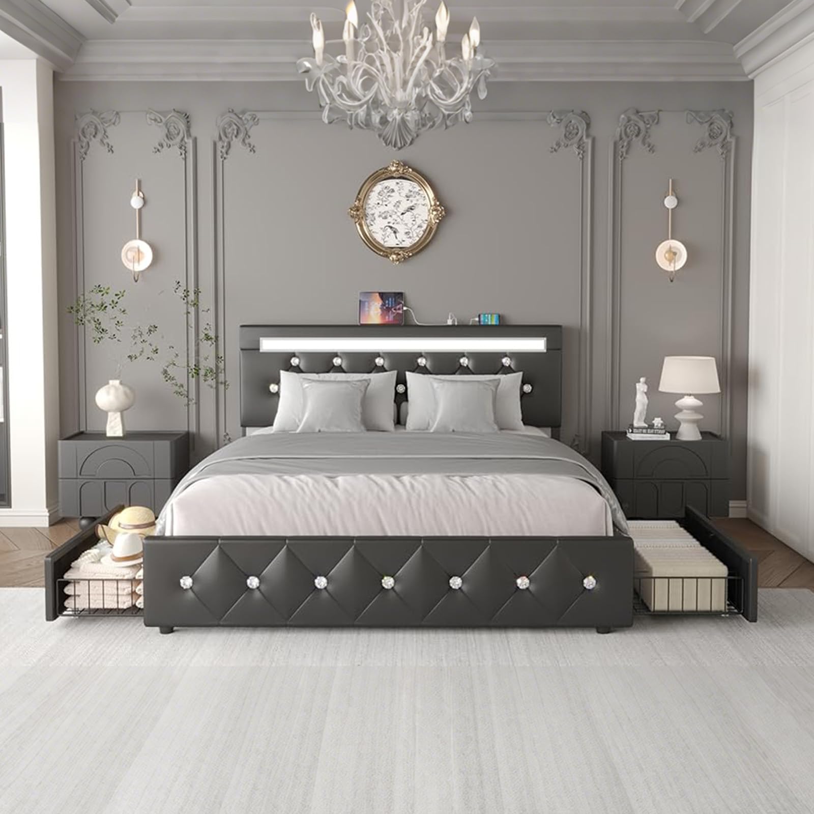 Forrise Bed Frame Queen Size with LED Light and Storage Drawers, Adjustable Headboard with PU Leather Upholstered, 2 Sockets and 2 USB Ports, No Box