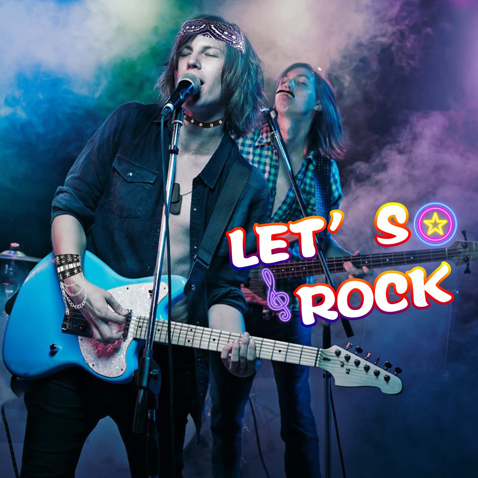 10 sztuk akcesoriów do kostiumu rockowego, 70/80/90., punk, gotycki, rockowy, z bandaną, tatuażem, rękawami, rękawiczkami, bransoletką, okularami, wąsami, obrożą, pierścionkami dla mężczyzn i
