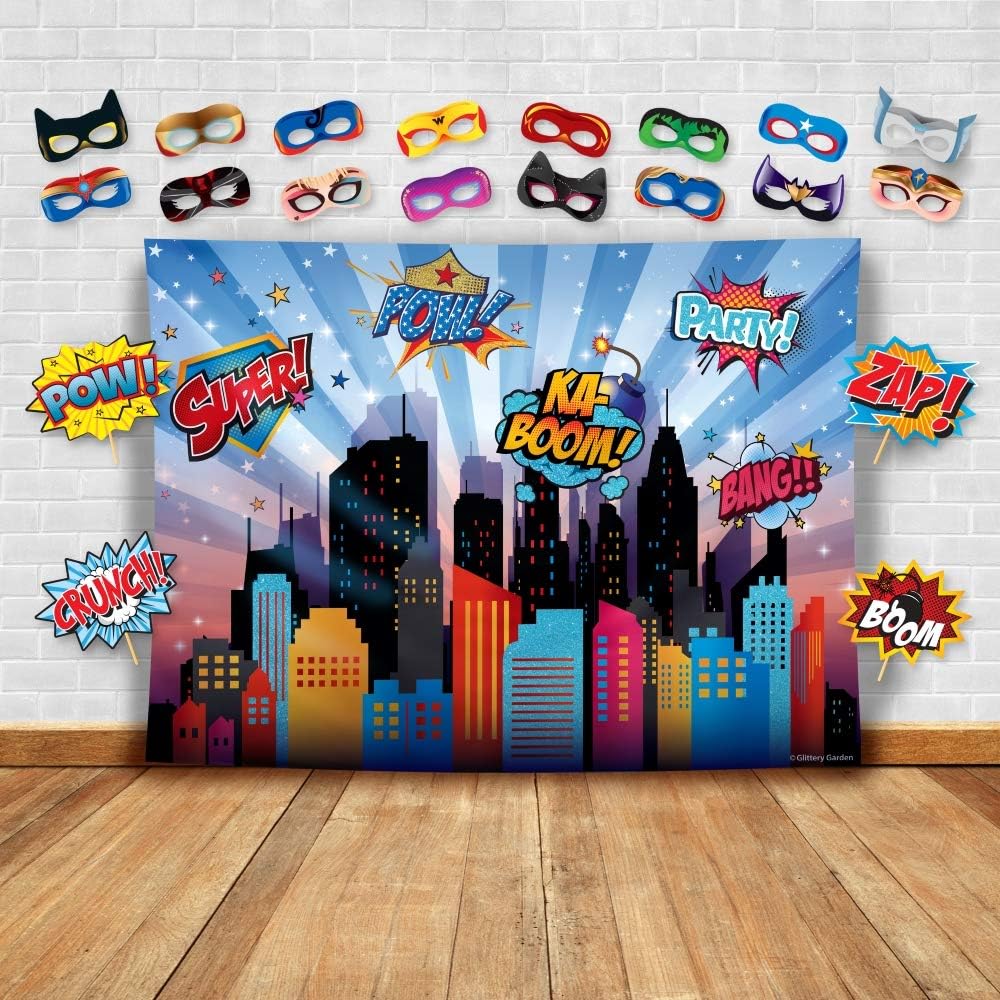 Wonder Woman and Other Superheroes Cityscape Photography Backdrop, Studio Props & Mask. Great as Super Hero City Photo Booth Background – Girl Birthday Party & Event Decorations
