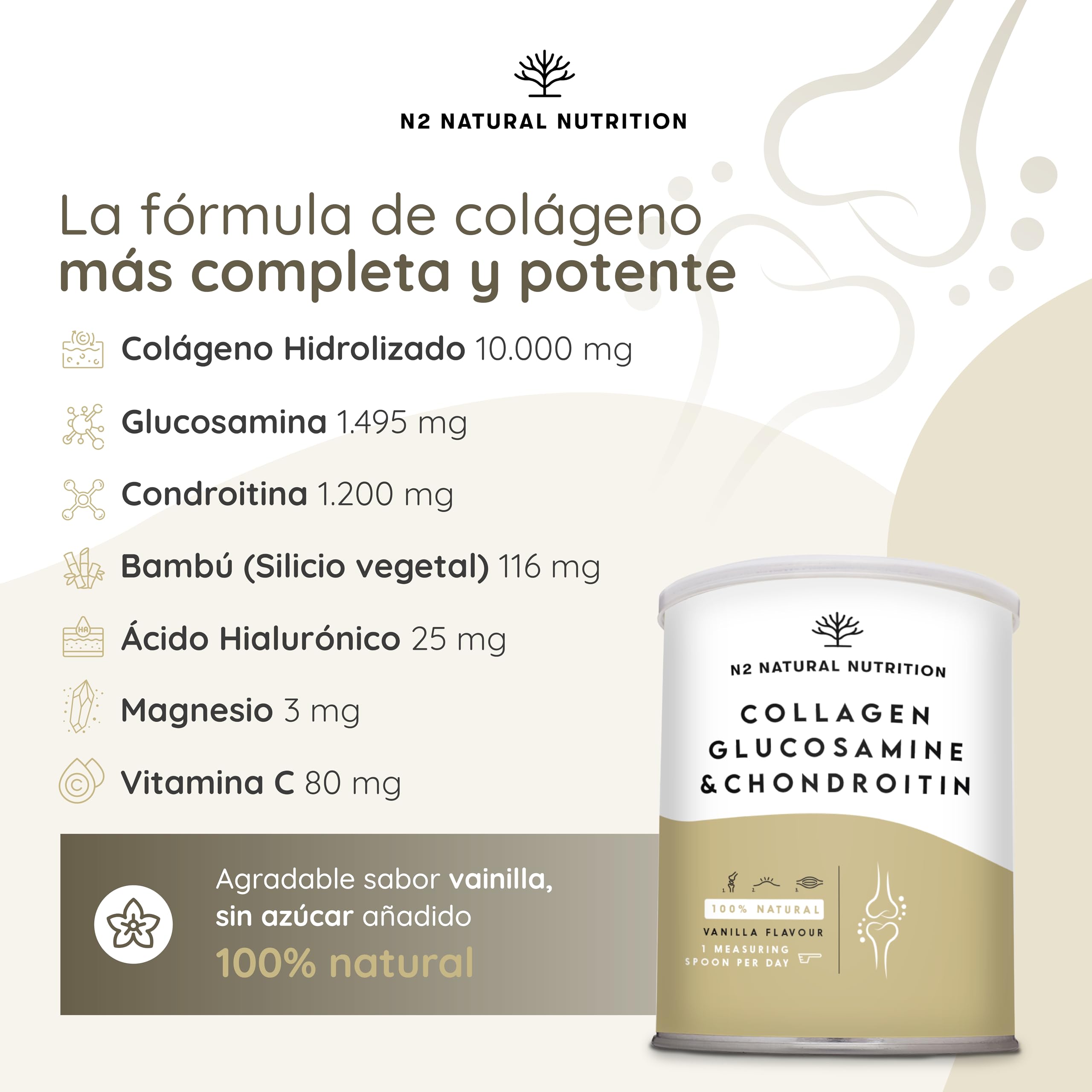 Glucosamina y Condroitina Complex (1.500 mg + 1.200 mg) con Colageno Hidrolizado 10.000 mg, Ácido Hialurónico y Vitamina C. Fortalece Cartílagos, Articulaciones, Piel y Huesos. N2 Natural Nutrition