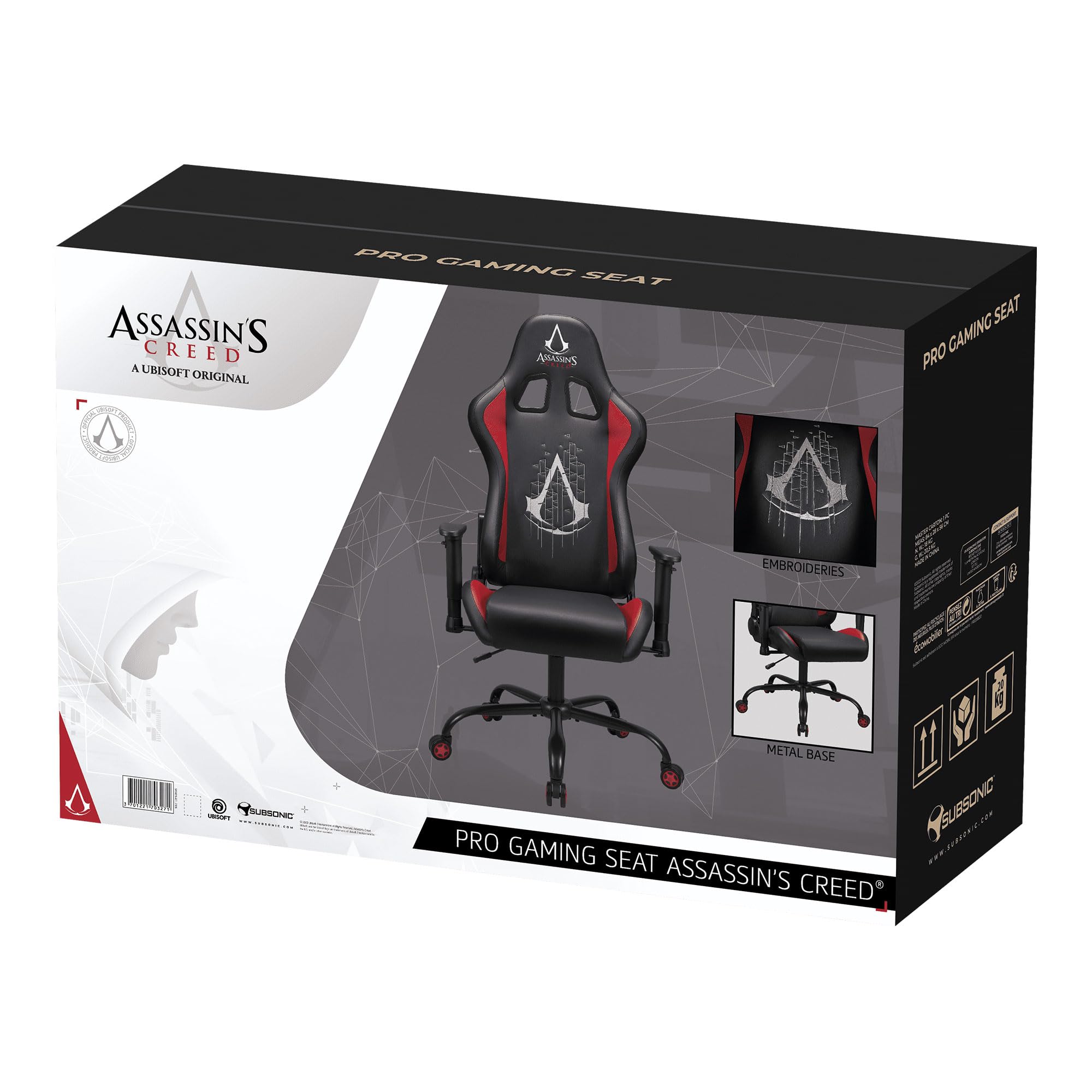 Subsonic - Silla Gaming Assassin'S Creed - Silla de Oficina Ergonómica con Espuma de Alta Densidad, Respaldo Reclinable y Reposabrazos 3D Ajustables - Altura Ajustable - Negro