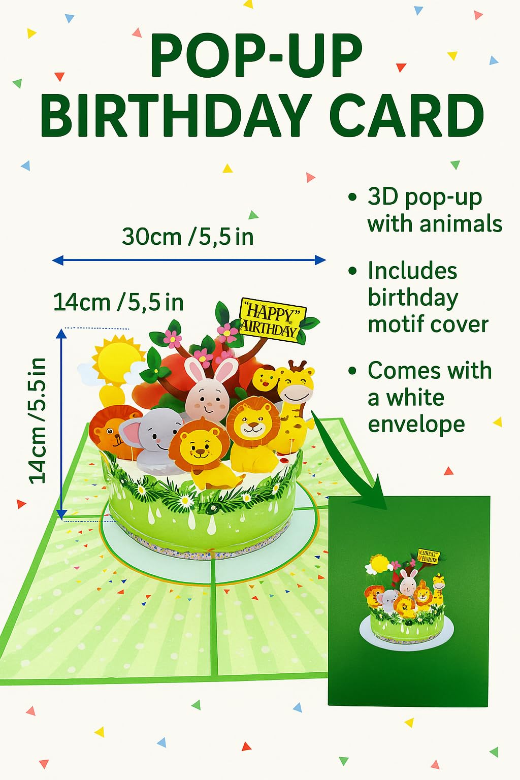 Biglietto di auguri pop-up 3D Animali sulla torta Compleanno bambini 15 x 20 cm Safari Animali con busta