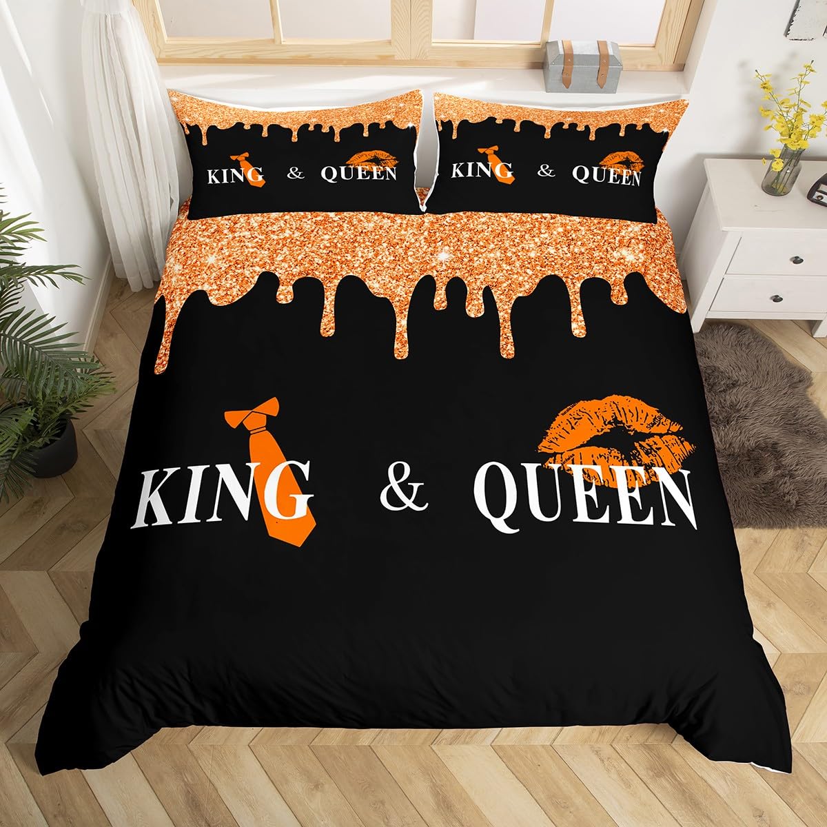 Homemissing Orange King and Queen Bedding Set for Kids Super King Size, His Hers Comforter Cover Glitter Mr & Mrs Duvet Cover Wedding Day Bedspread Cover Microfiber Bed Set With 2 Pillow Case