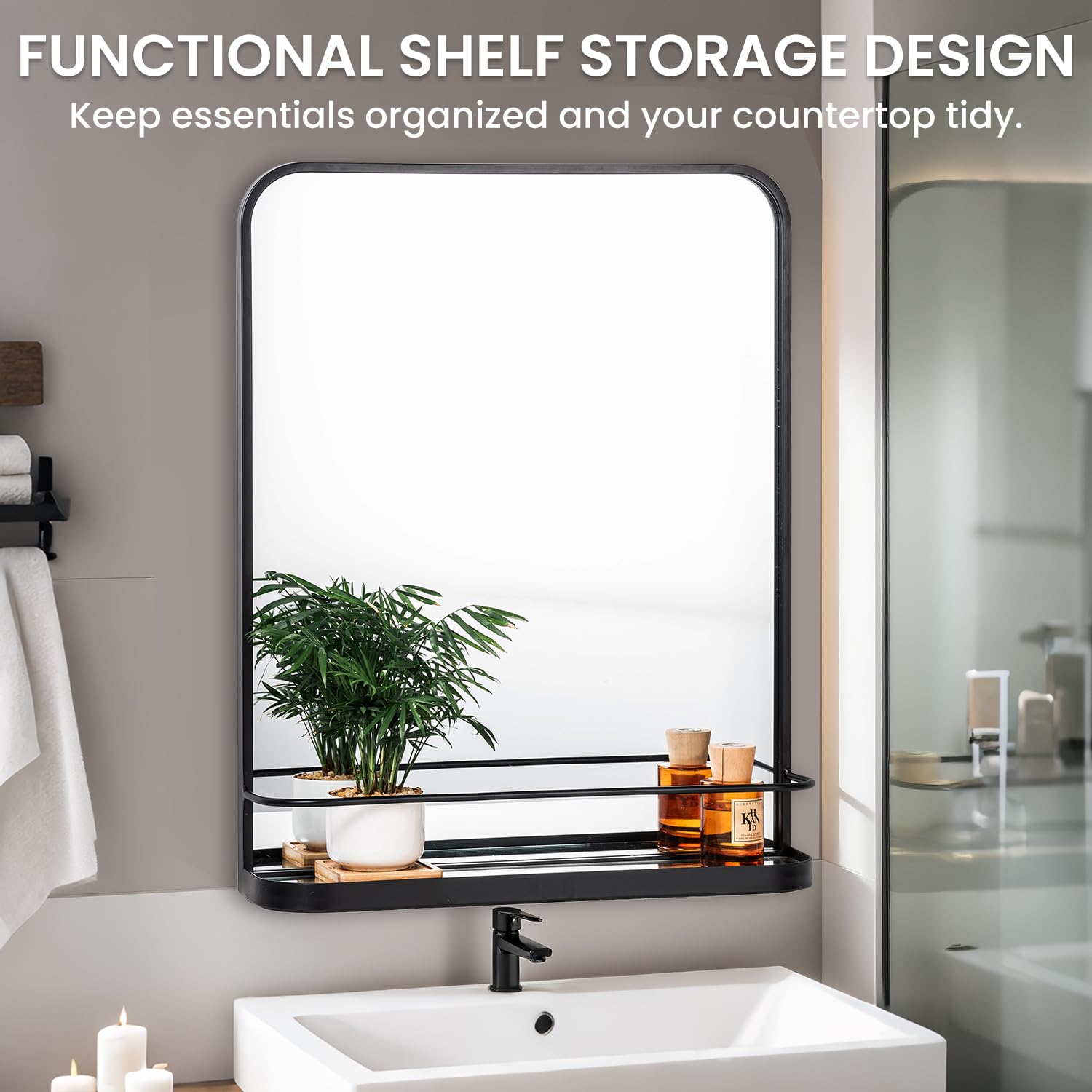 Specchio Da Bagno Nero Opaco Con Mensola - 53x67 Cm - Rettangolare Moderno Con Cornice In Metallo - Per Parete