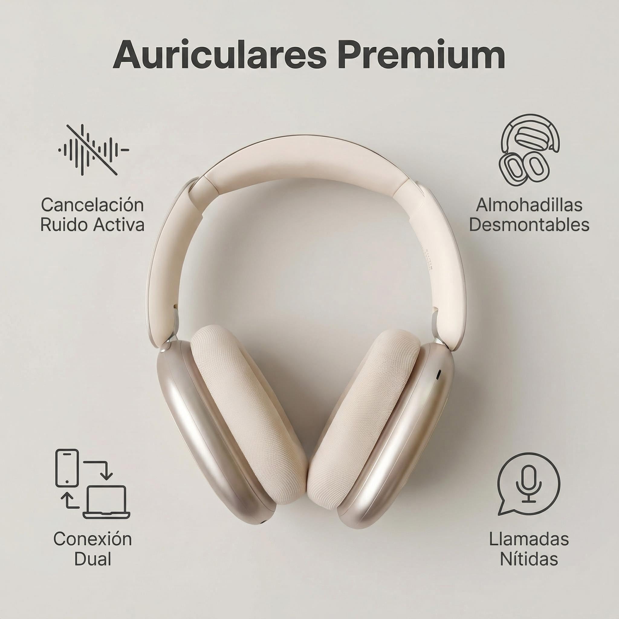 ND905-ANC Auriculares Inalámbricos Diadema Bluetooth 5.4, Cancelación Ruido Activa (3 Modos), 3 Ecualizadores, 40H Autonomía, Almohadillas Magnéticas y Conexión Dual (Beige)