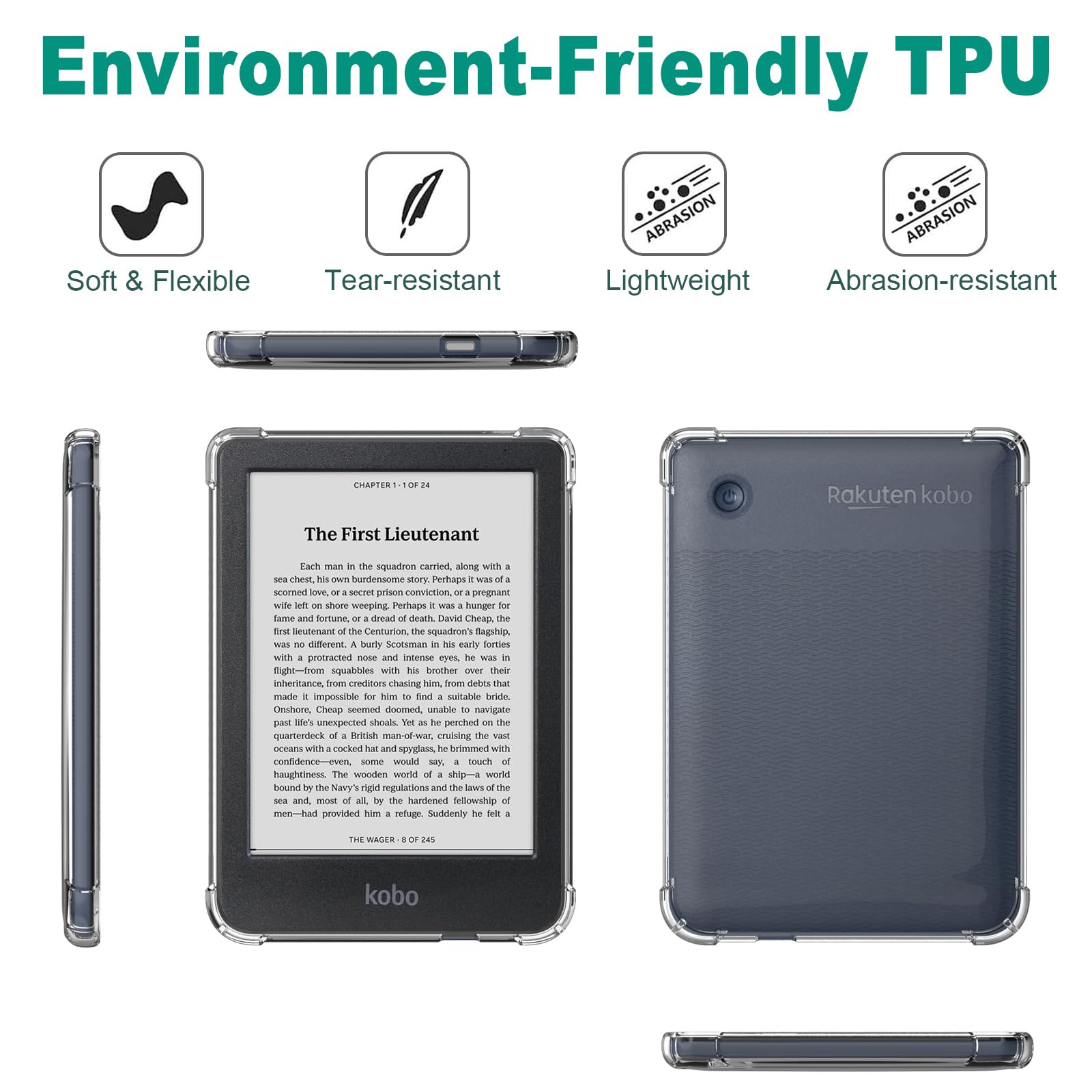 Tenano Custodia Trasparente per Kobo Clara Colour/BW/2E, Tolino Shine Colour/Shine 5/4, Copertura Posteriore in Silicone 6"