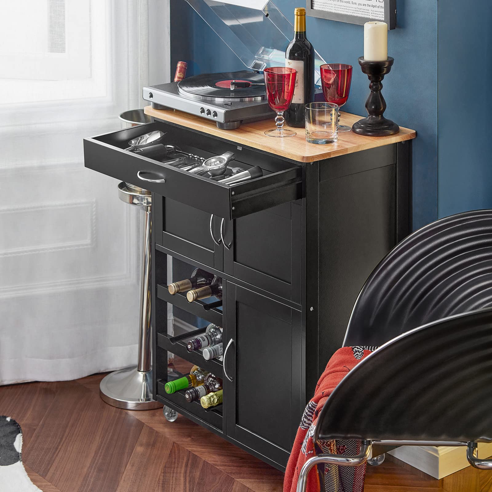 SoBuy Servierwagen mit Rollen und Weinregal 67x87x38 cm Küche und Outdoor | Küchenwagen mit Arbeitsplatte - Mobile Kücheninsel mit Schublade für kleine Küchen, Kaffee- & BBQ-Station MDF FKW45-SCH