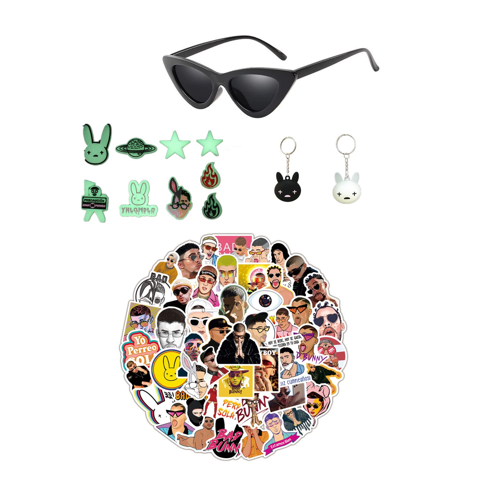 StuputBad Bunny Merch,Bad Bunny Stuff Include Stickers,Cat Eye Sunglasses,Keychains,Shoe Charms pins Costume Accessory Set for Fans Gift.