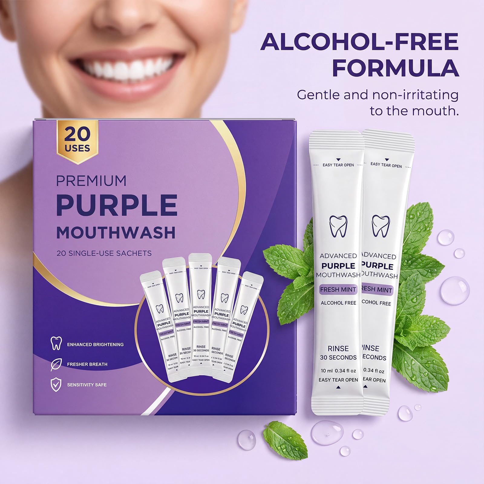 Purple Whitening Mouthwash Strips, Portable Travel Oral Care Pack of 20 | Alcohol Free Fresh Mint Travel Single Use Rinse, Single Use Purple Whitening Mouthwash Bustine, 30 Second Clean