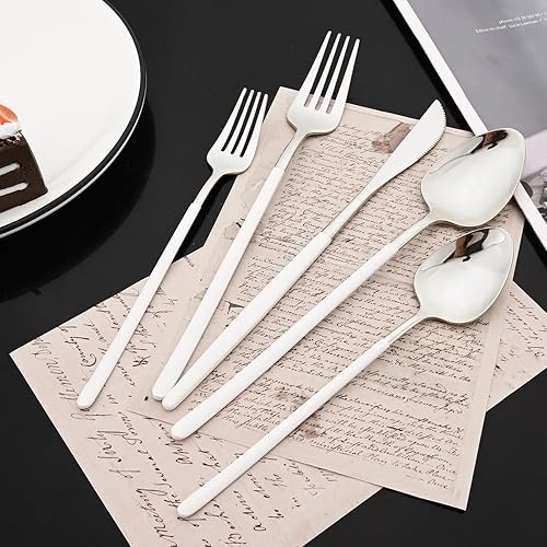 Miniatura 3 de JASHII Juego de cubiertos delgados de 20 piezas, acero inoxidable 1810 con chapado en plata de titanio, juego de cubiertos de mango blanco, incluye