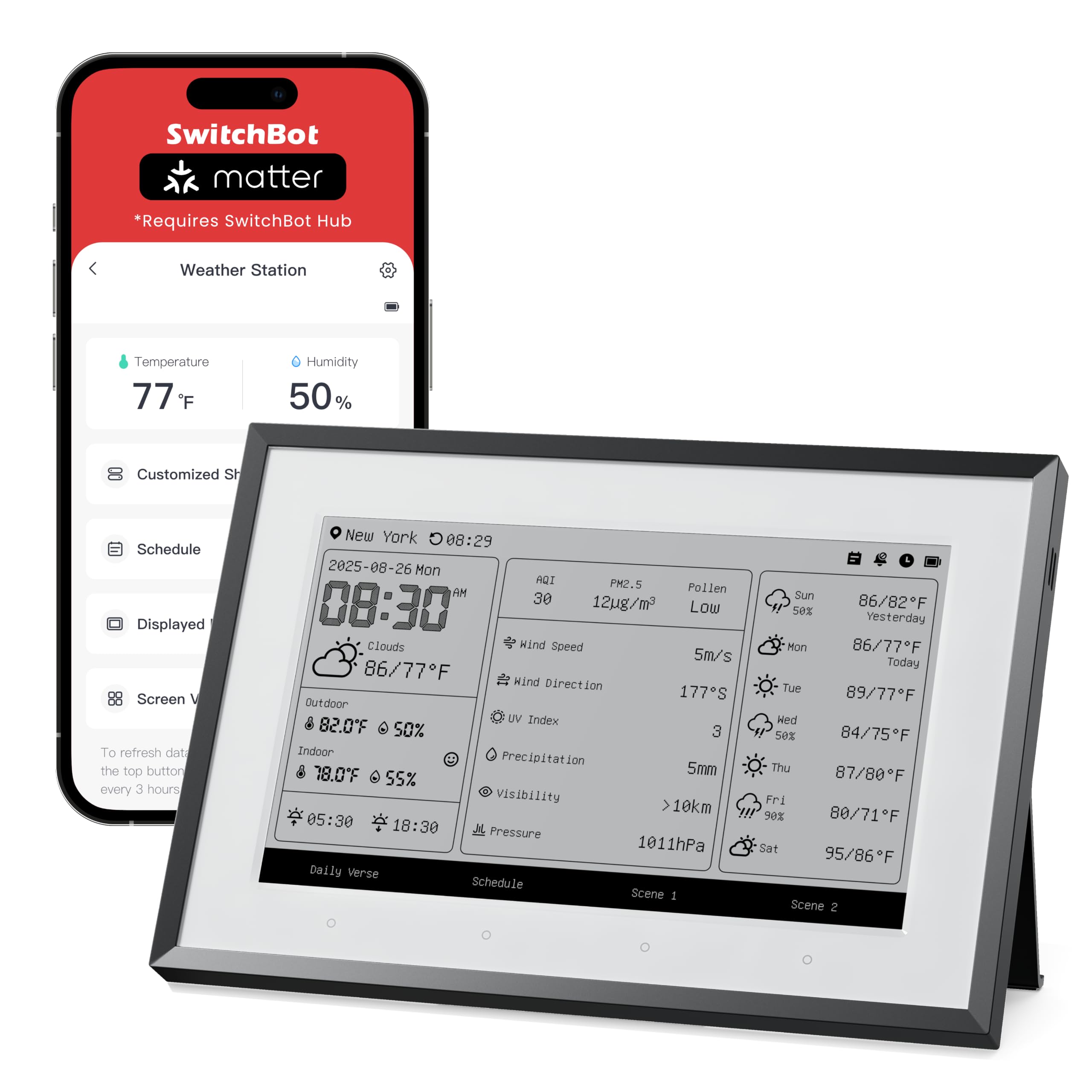 SwitchBot Smart E-Ink Home Dashboard, 7.5" Wireless Indoor/Outdoor Temp & Humidity Monitor with Schedule Display, 2.4GHz Wi-Fi/BLE, Works with Google, iCloud, Outlook & Yahoo