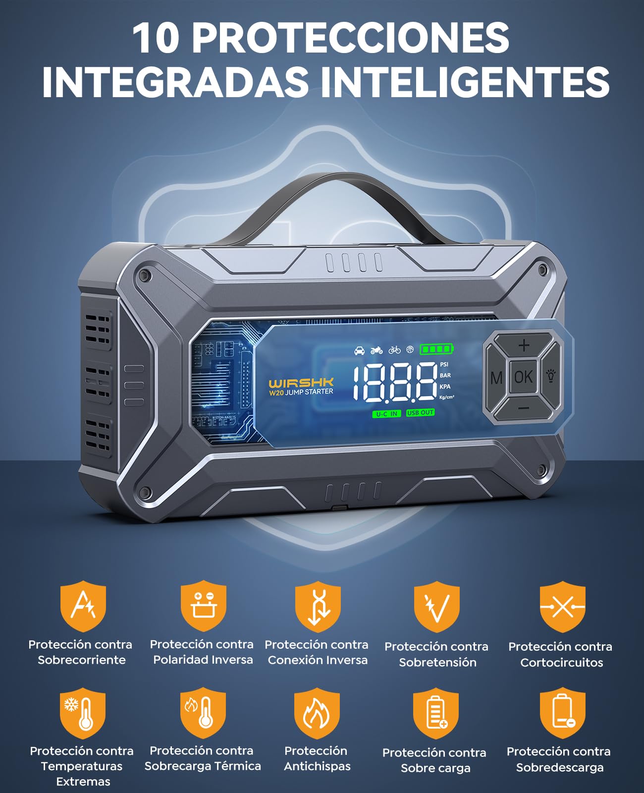 Arrancador de Coche con Compresor de Aire, 8000A 160PSI Arrancador Portátil para Baterías (8.0L Gasolina/10L Diésel), Batería Externa 12V con Cables de Arranque, Pantalla LCD, 2 LED