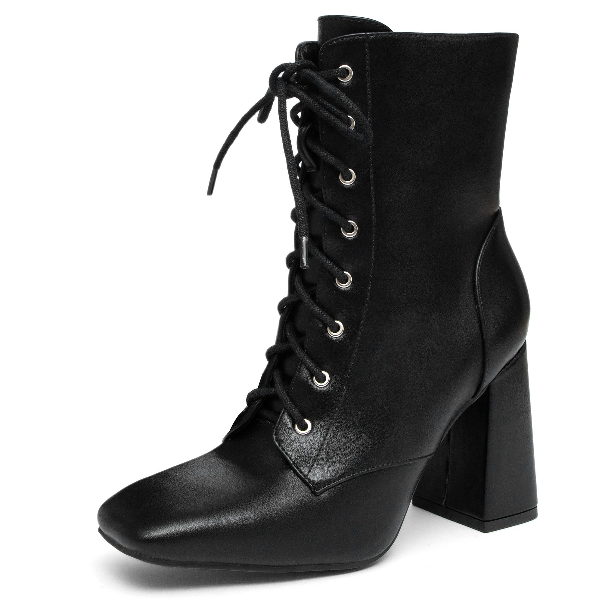 NEWBELLA Womens Square Toe Ankle Boots - Lace-Up Block Heel Booties with Side Zip Minimalist Casual Faux Leather