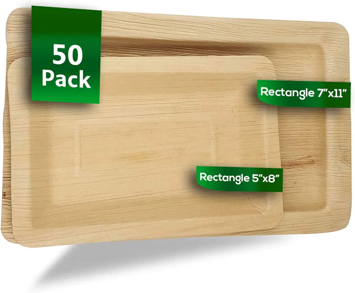 Dtocs Palm Leaf Plates Rectangular Combo (50) |7x11 Inch (25) And 5x8 Inch (25) Disposable Dinnerware | Bamboo Style Eco-friendly, Biodegradable, Compostable set for Wedding, Camping &amp; Birthday Party