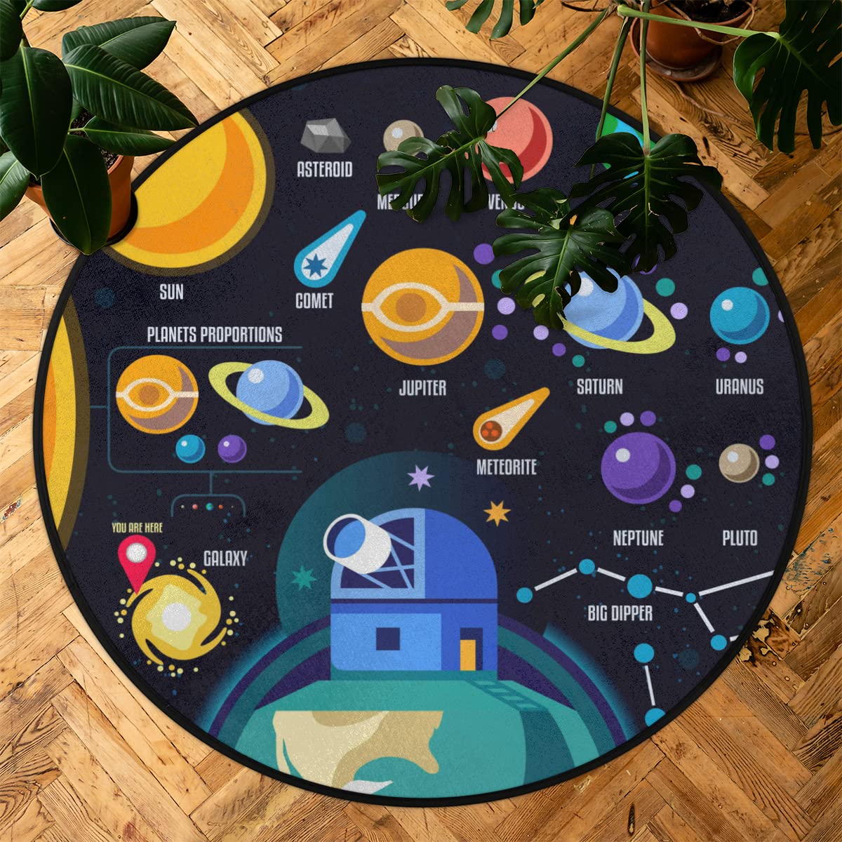 TropicalLife Kosmos 3D galaktyka okrągły dywanik 160 cmUkład słoneczny galaktyka koło dywaniki do pokoju domu wewnątrz antypoślizgowa podłoga wewnętrzna duża mata dywan