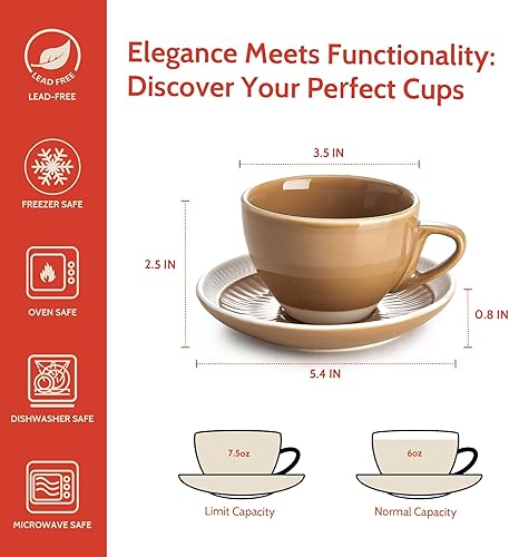 Miniatura 2 de Sweese Juego de 4 tazas de capuchino de 6 onzas con platillos, tazas de café expreso dobles de porcelana, color amarillo