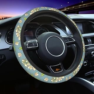 Bundle of Exotic Oriental Jasmine Plants Pattern On Silhouette Background Elastic Steering Wheel Cover, Soft Stretch Car Steering Cover for Most Vehicles for Men & Women
