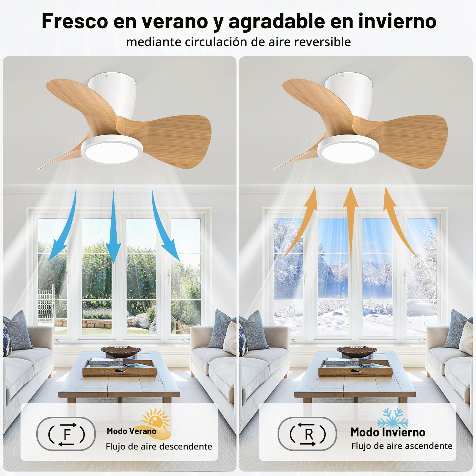 Ateroll Ventilador de Techo con Luz, Ø61CM, 3CCT (3000K-4000K-5000K), 1500LM Ventilador de Techo con Mando a Distancia, 6 Velocidades, Temporizador, Apto para Salón, Dormitorio (Madera Clara)