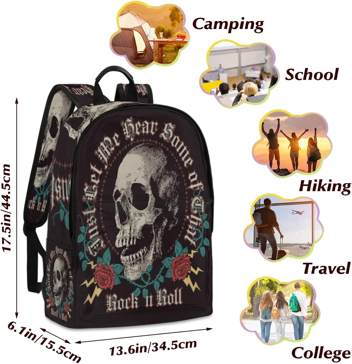 17-Inch Rock In Roll Skull Roses Laptop Backpack Full Print PU Leather Backpack with Adjustable Shoulder Strap Large Capacity Travel Weekender for Work Travel Hiking