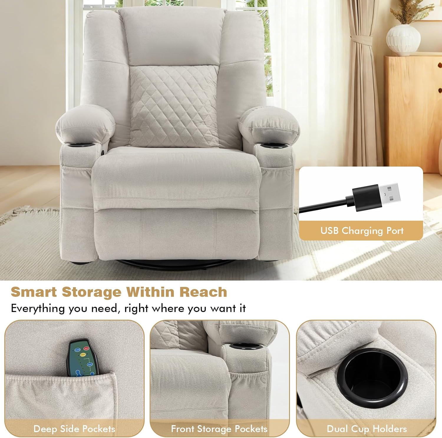 Rocker Recliner Chair with Heat and Massage, Wide Seat Overstuffed Fabric Reclining Chair for Living Room, Nursery Glider Rocking Chair Swivel Recliner with Cup Holder, White
