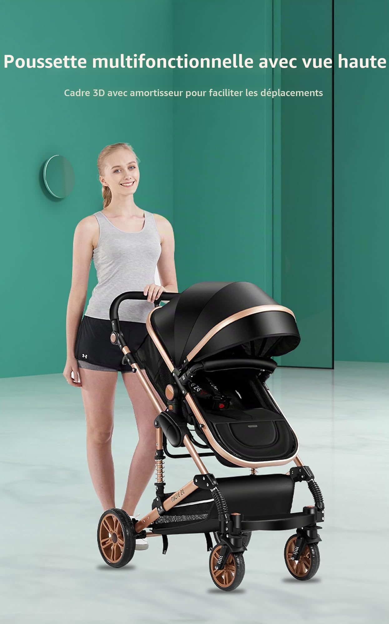 MoLi Poussette 3 en 1, poussette avec mode double poussée réversible, buggy avec grande nacelle confortable, poussette combinée 3 en 1, cadre en alliage d'aluminium, pliable, haute paysage (739 kaki)
