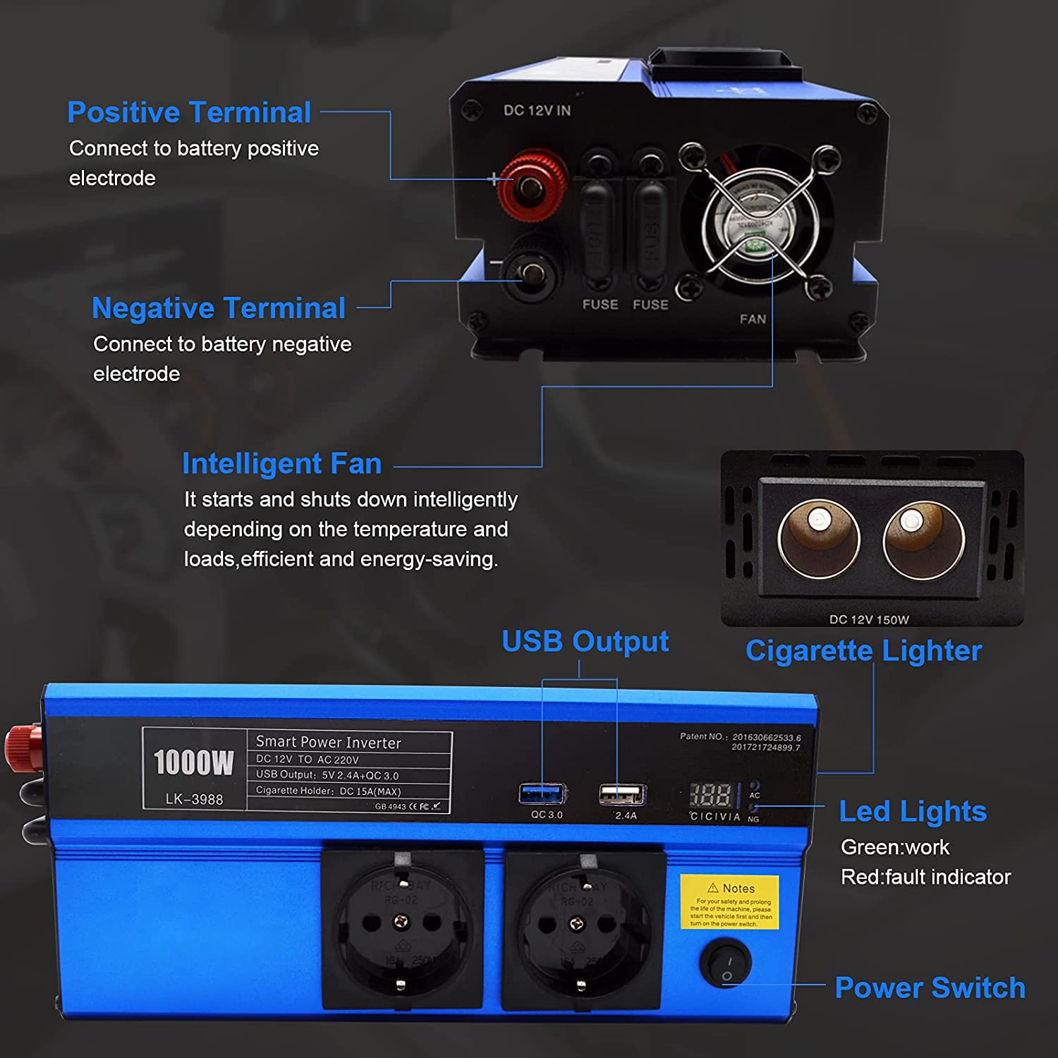 INVERTER 1500W 12V 230V, TRASFORMATORE DI TENSIONE CONVERTITORE POTENZA, DUE PRESE DI RICARICA USB, CARICATORE PER AUTO, PRESA DI ALIMENTAZIONE STANDARD - DISCORAMA® (1500)