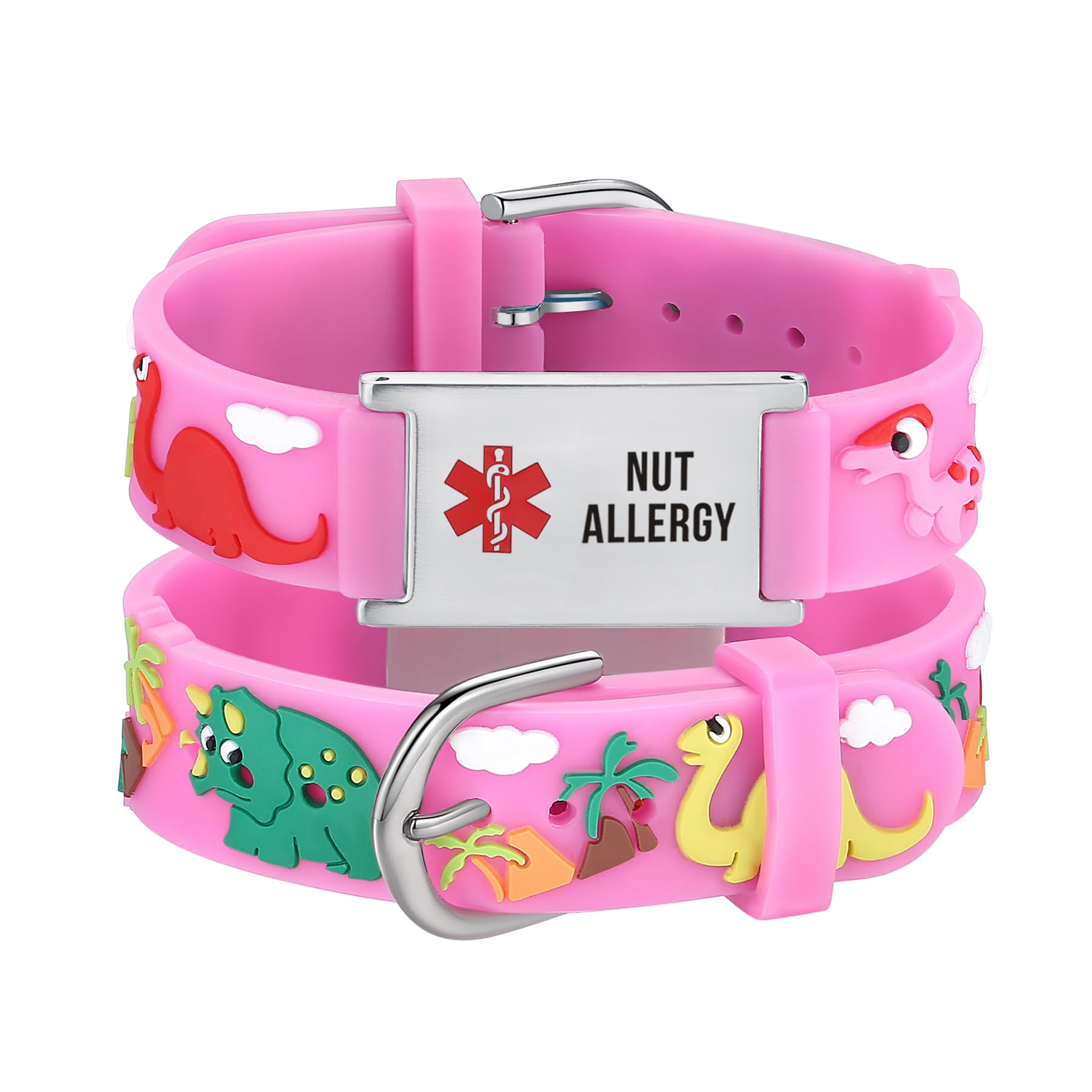 LinnaLove Medical Alert ID Bracelet – Custom or Pre-Engraved, QR Code Available,Blue Dinosaur Band