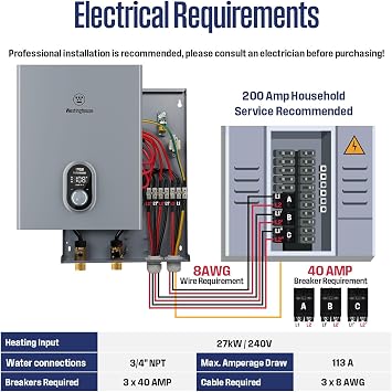Westinghouse 27kW 240V Tankless Water Heater Electric, Instant Hot Water Heater, On Demand Hot Water, Smart WiFi Control, Compatible with Alexa & Google Home, Gray
